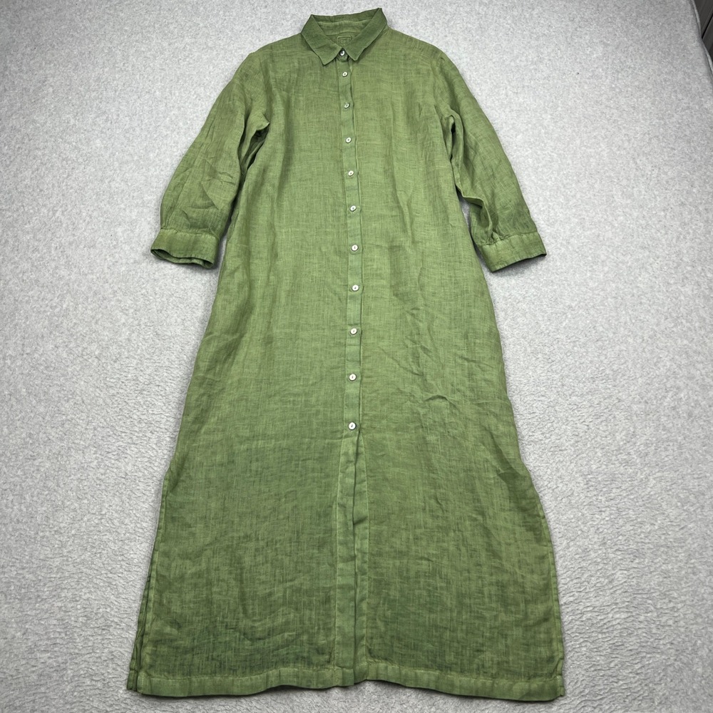 120% Lino Dress Womens 42 Green Linen Long Sleeve Button Up Maxi Pockets Slits